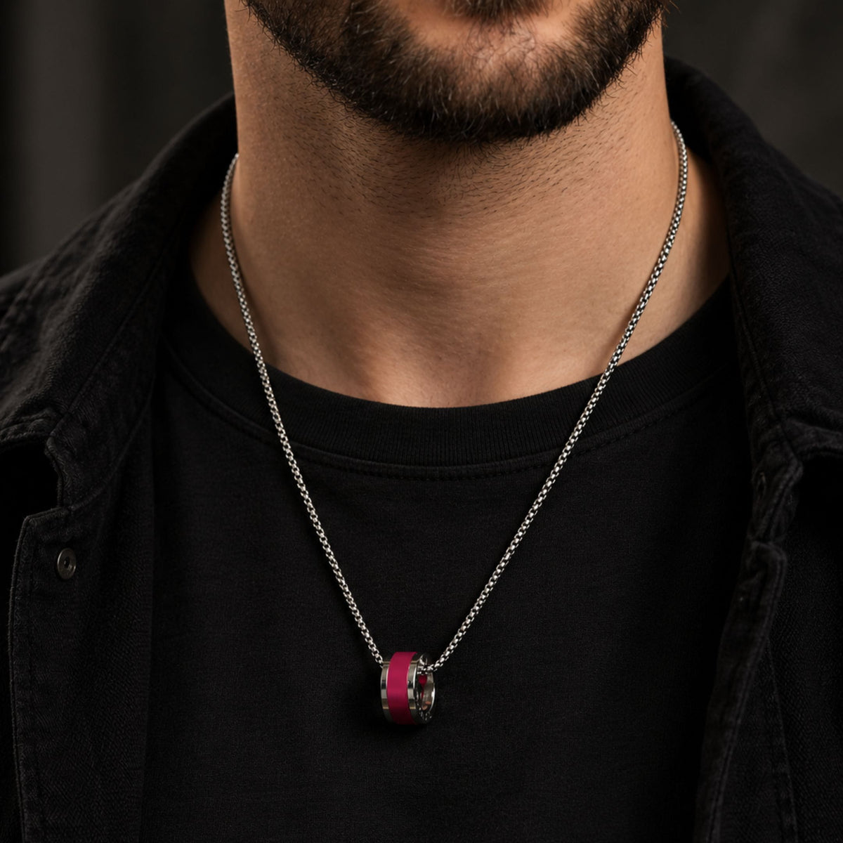 THE MEN THING SS Pendant/ Necklace AURORA CORE - Bright Cherry-Red 21mm Titanium Steel Pendant with 24inch Round Box 4mm Chain for Men & Boys