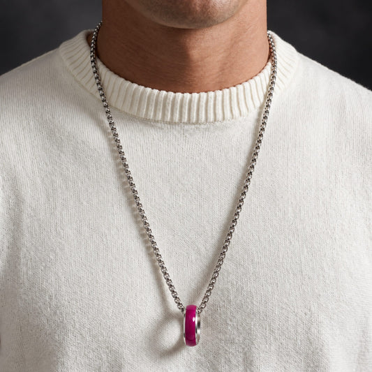 THE MEN THING SS Pendant/ Necklace AURORA CORE - Deep Fuchsia 7mm Titanium Steel Pendant with 24inch Round Box 4mm Chain for Men & Boys