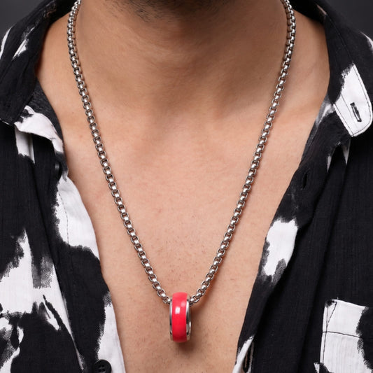 THE MEN THING SS Pendant/ Necklace AURORA CORE - Fluorescent Coral Pink 7mm Titanium Steel Pendant with 24inch Round Box 4mm Chain for Men & Boys