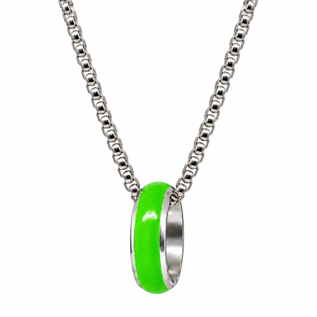 THE MEN THING SS Pendant/ Necklace AURORA CORE - Neon Green 7mm Titanium Steel Pendant with 24inch Round Box 4mm Chain for Men & Boys