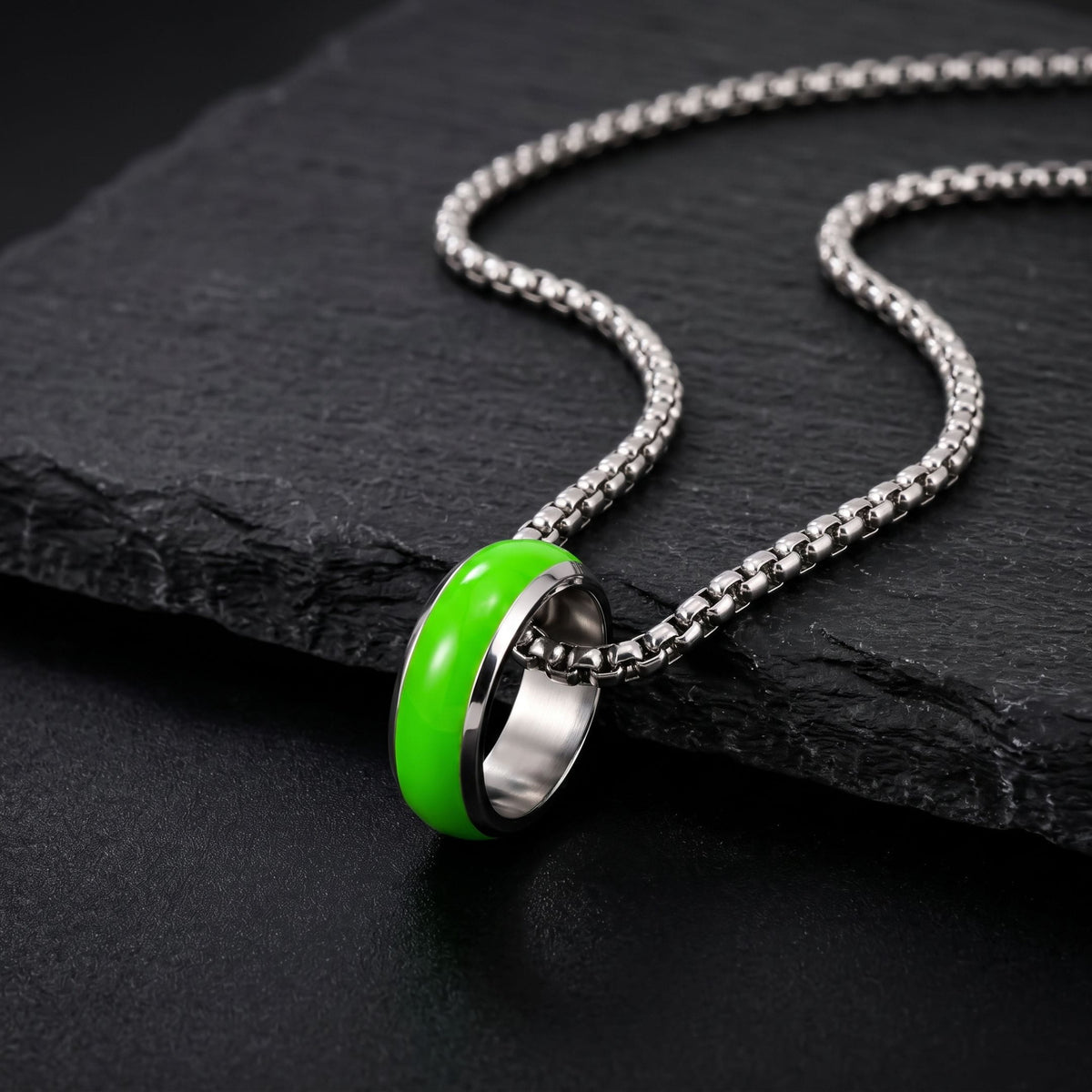 THE MEN THING SS Pendant/ Necklace AURORA CORE - Neon Green 7mm Titanium Steel Pendant with 24inch Round Box 4mm Chain for Men & Boys