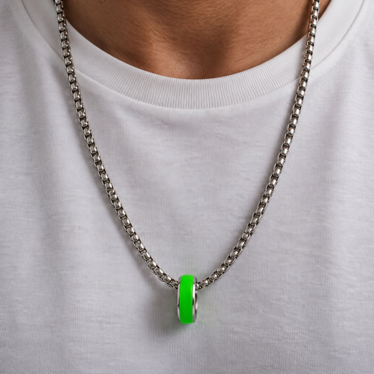 THE MEN THING SS Pendant/ Necklace AURORA CORE - Neon Green 7mm Titanium Steel Pendant with 24inch Round Box 4mm Chain for Men & Boys