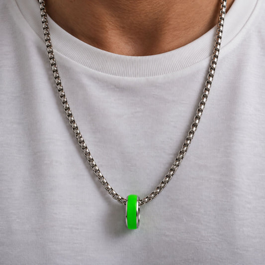 THE MEN THING SS Pendant/ Necklace AURORA CORE - Neon Green 7mm Titanium Steel Pendant with 24inch Round Box 4mm Chain for Men & Boys