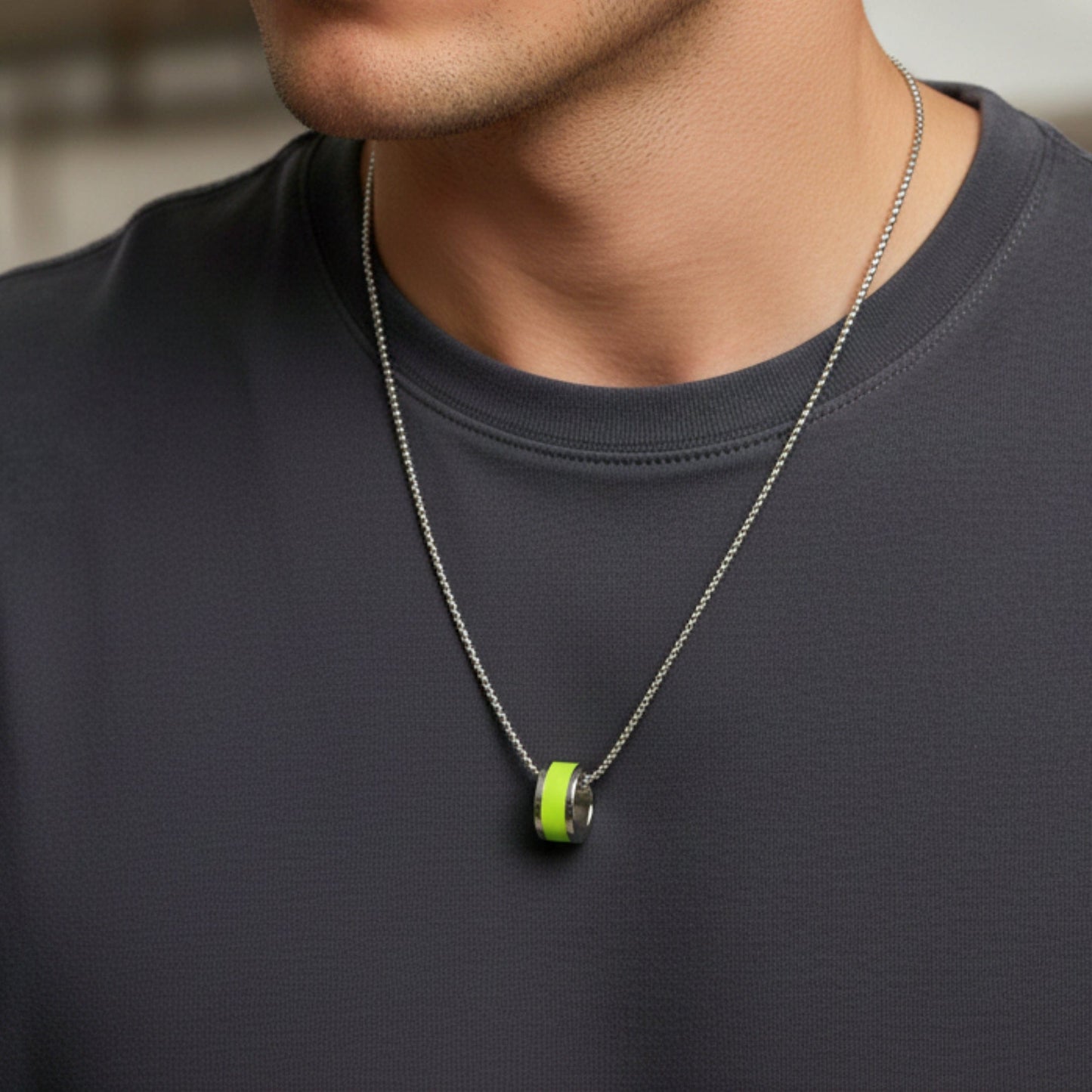 THE MEN THING SS Pendant/ Necklace AURORA CORE - Neon Lime Green 21mm Titanium Steel Pendant with 24inch Round Box 4mm Chain for Men & Boys
