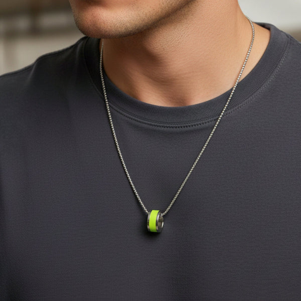 AURORA CORE - Neon Lime Green 21mm Titanium Steel Pendant with 24inch Round Box 4mm Chain for Men & Boys