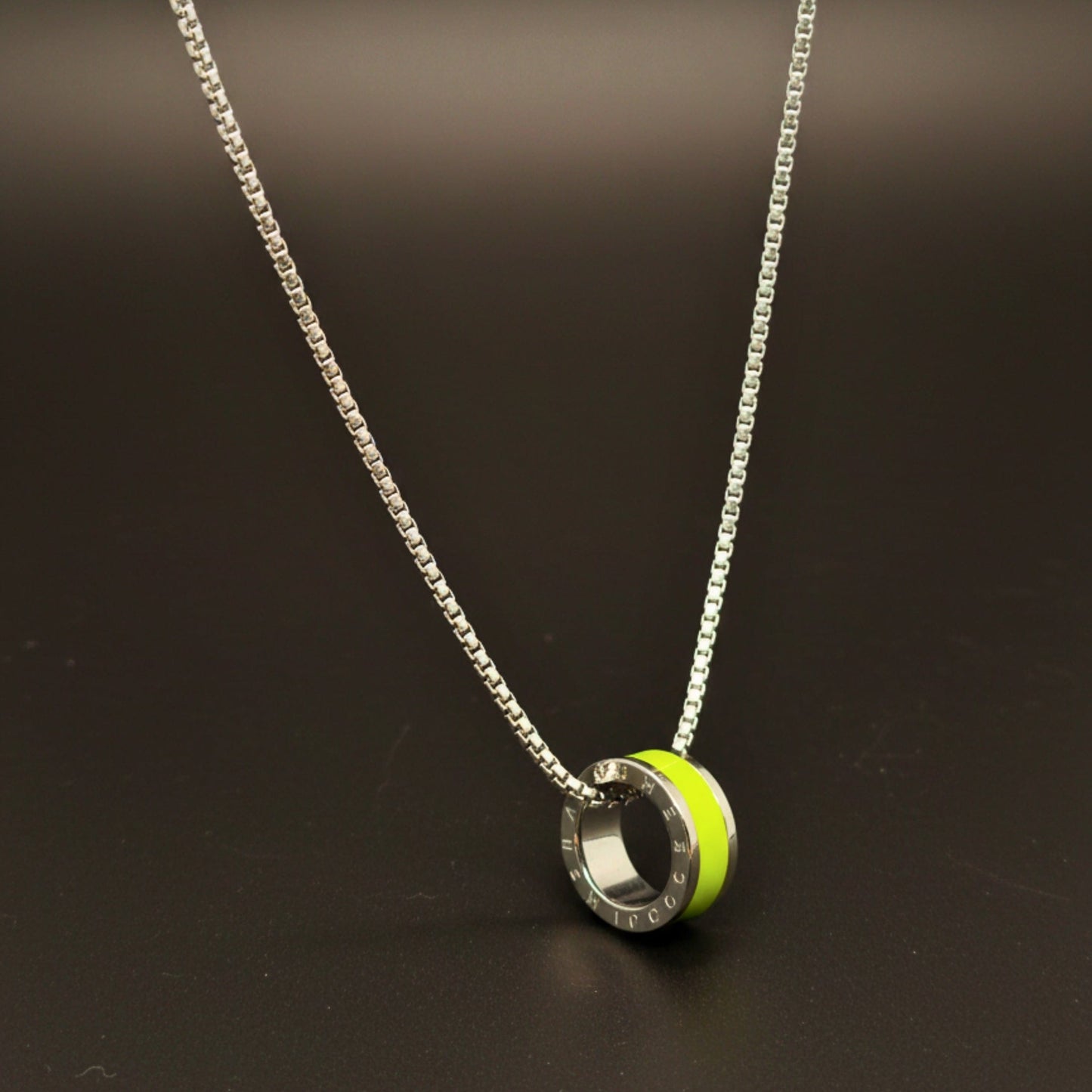 THE MEN THING SS Pendant/ Necklace AURORA CORE - Neon Lime Green 21mm Titanium Steel Pendant with 24inch Round Box 4mm Chain for Men & Boys