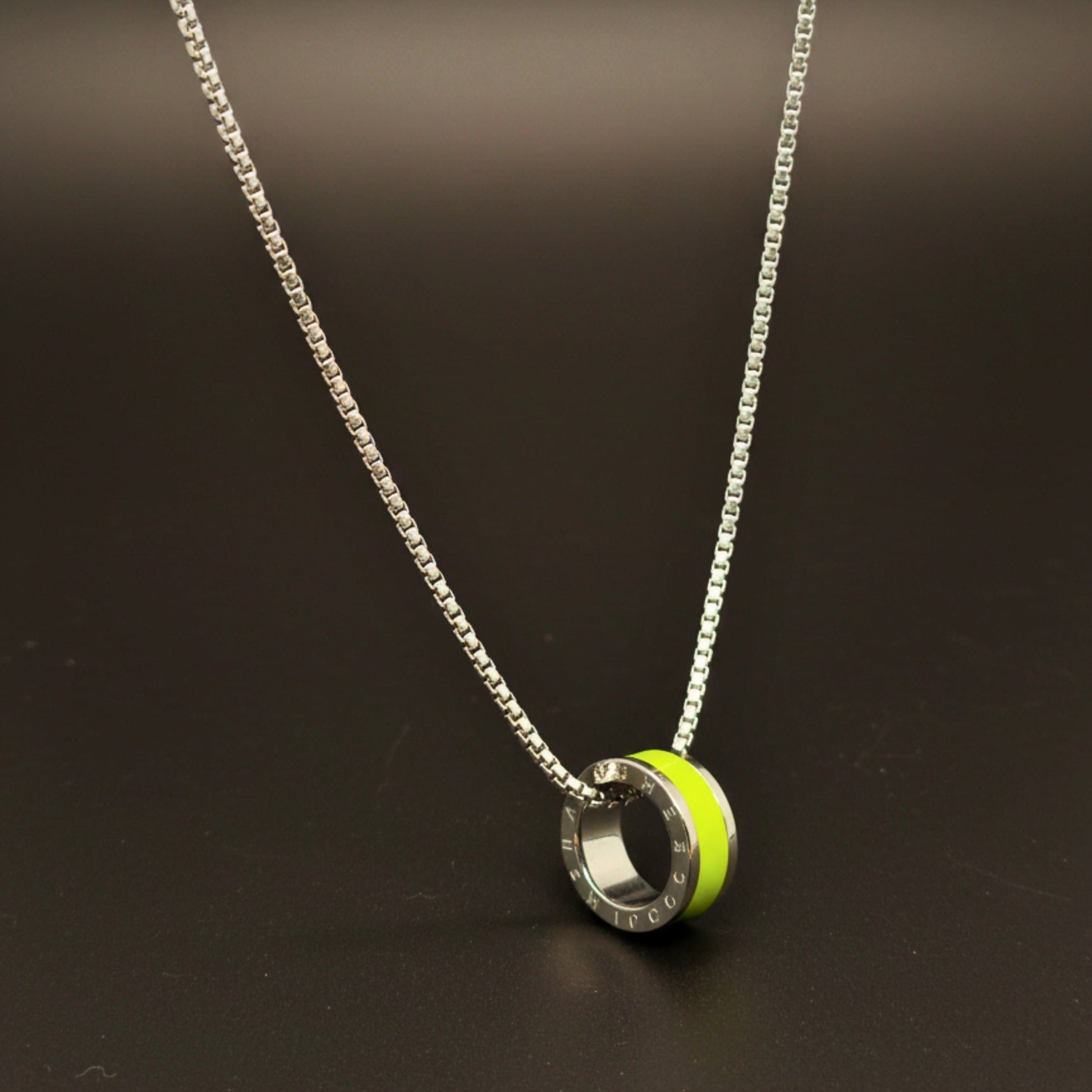 THE MEN THING SS Pendant/ Necklace AURORA CORE - Neon Lime Green 21mm Titanium Steel Pendant with 24inch Round Box 4mm Chain for Men & Boys