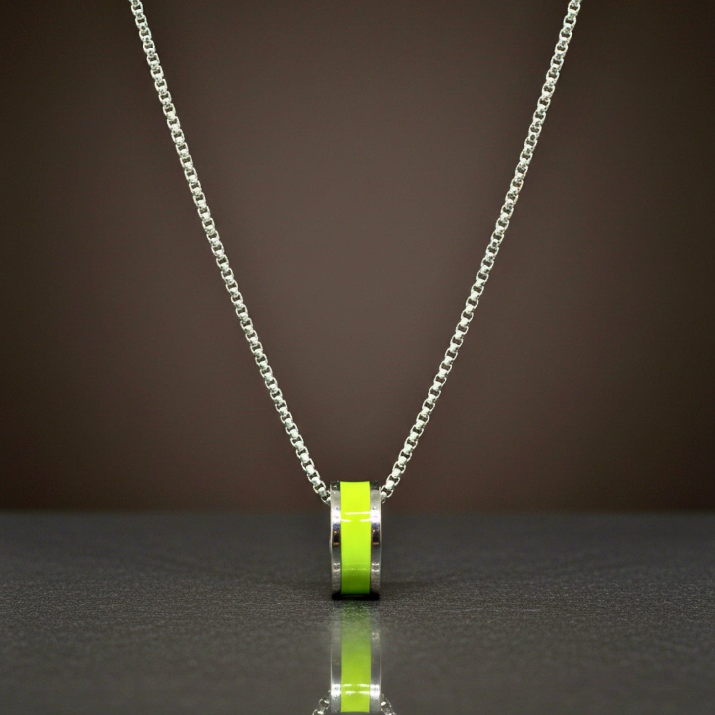 THE MEN THING SS Pendant/ Necklace AURORA CORE - Neon Lime Green 21mm Titanium Steel Pendant with 24inch Round Box 4mm Chain for Men & Boys