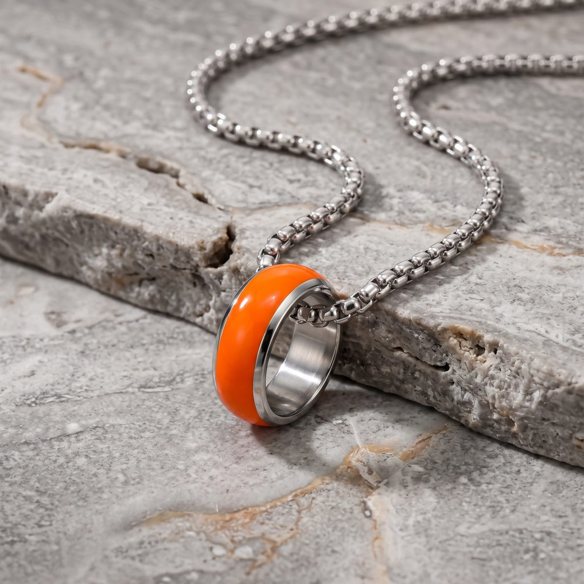 THE MEN THING SS Pendant/ Necklace AURORA CORE - Neon Orange 7mm Titanium Steel Pendant with 24inch Round Box 4mm Chain for Men & Boys