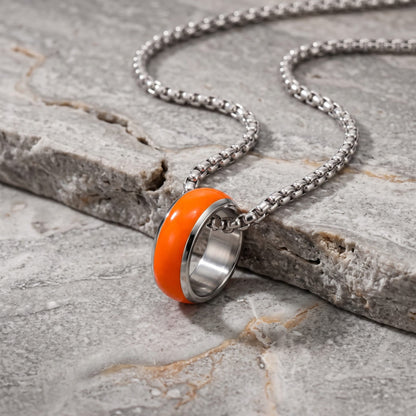 THE MEN THING SS Pendant/ Necklace AURORA CORE - Neon Orange 7mm Titanium Steel Pendant with 24inch Round Box 4mm Chain for Men & Boys