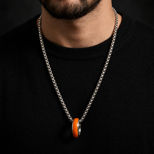 THE MEN THING SS Pendant/ Necklace AURORA CORE - Neon Orange 7mm Titanium Steel Pendant with 24inch Round Box 4mm Chain for Men & Boys