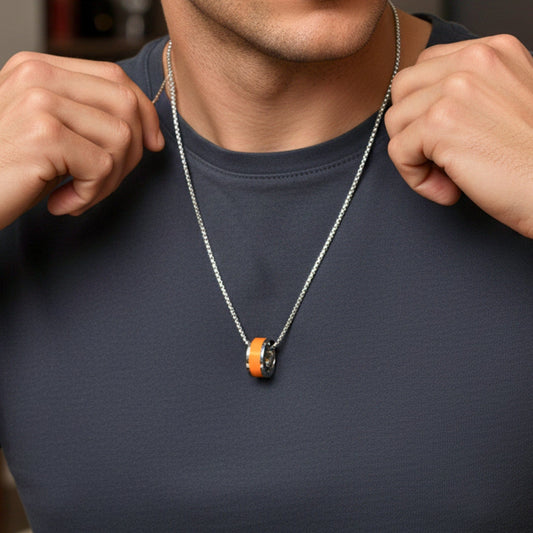 THE MEN THING SS Pendant/ Necklace AURORA CORE - Orange 21mm Titanium Steel Pendant with 24inch Round Box 4mm Chain for Men & Boys