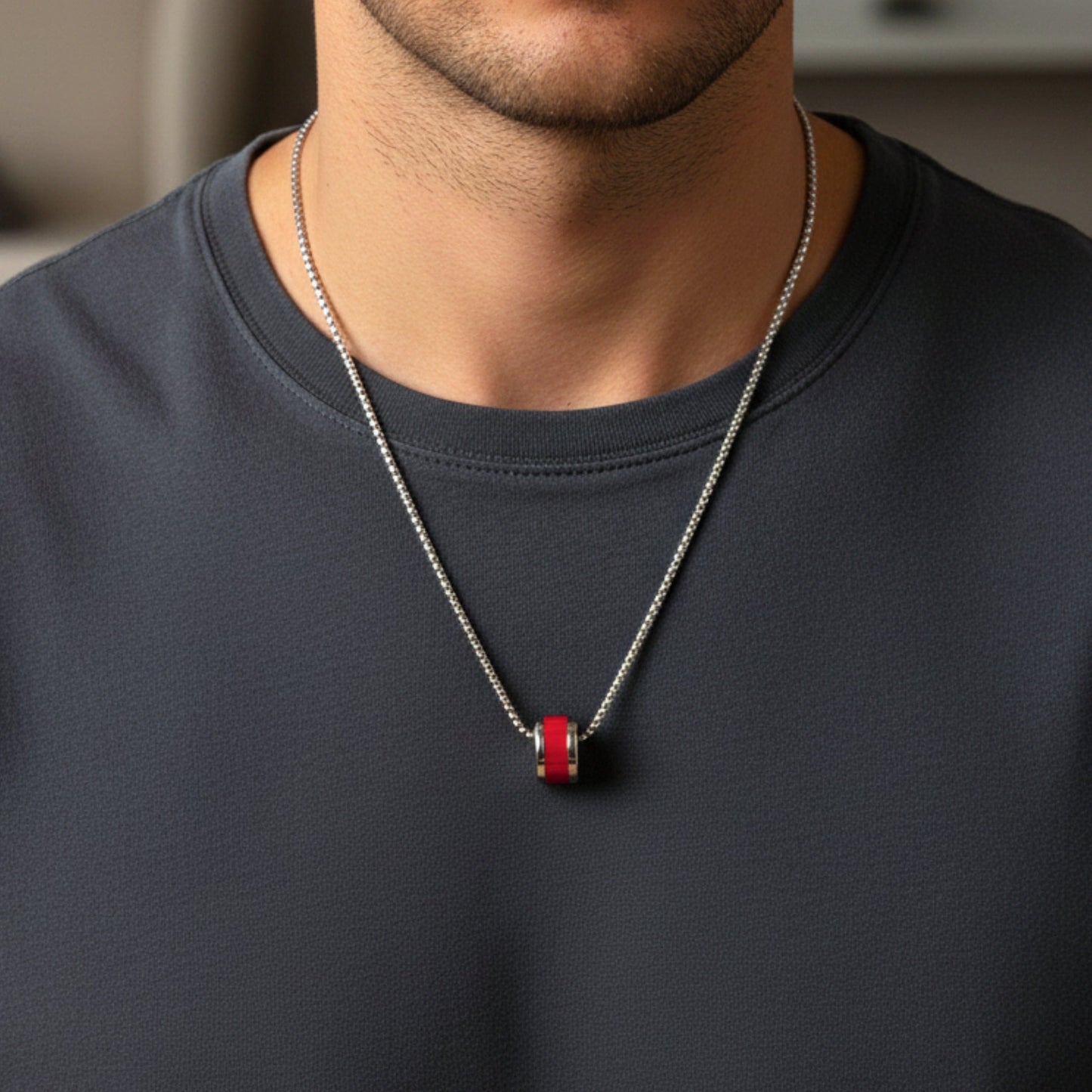 THE MEN THING SS Pendant/ Necklace AURORA CORE - Red 21mm Titanium Steel Pendant with 24inch Round Box 4mm Chain for Men & Boys