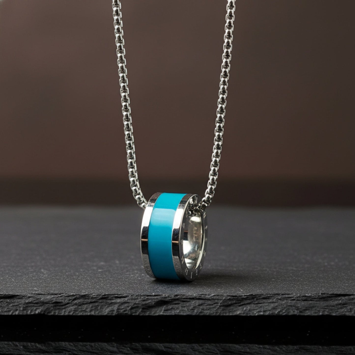 THE MEN THING SS Pendant/ Necklace AURORA CORE - Turquoise Blue 21mm Titanium Steel Pendant with 24inch Round Box 4mm Chain for Men & Boys