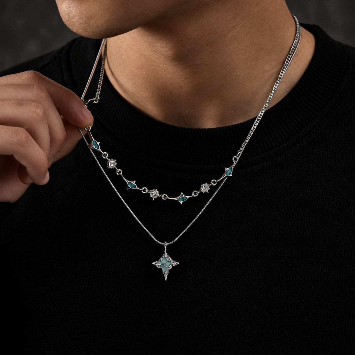 THE MEN THING SS Pendant/ Necklace AZURE STAR - 16mm Titanium Steel Pendant with 22 to 24inch Adjustable Chain for Men & Boys