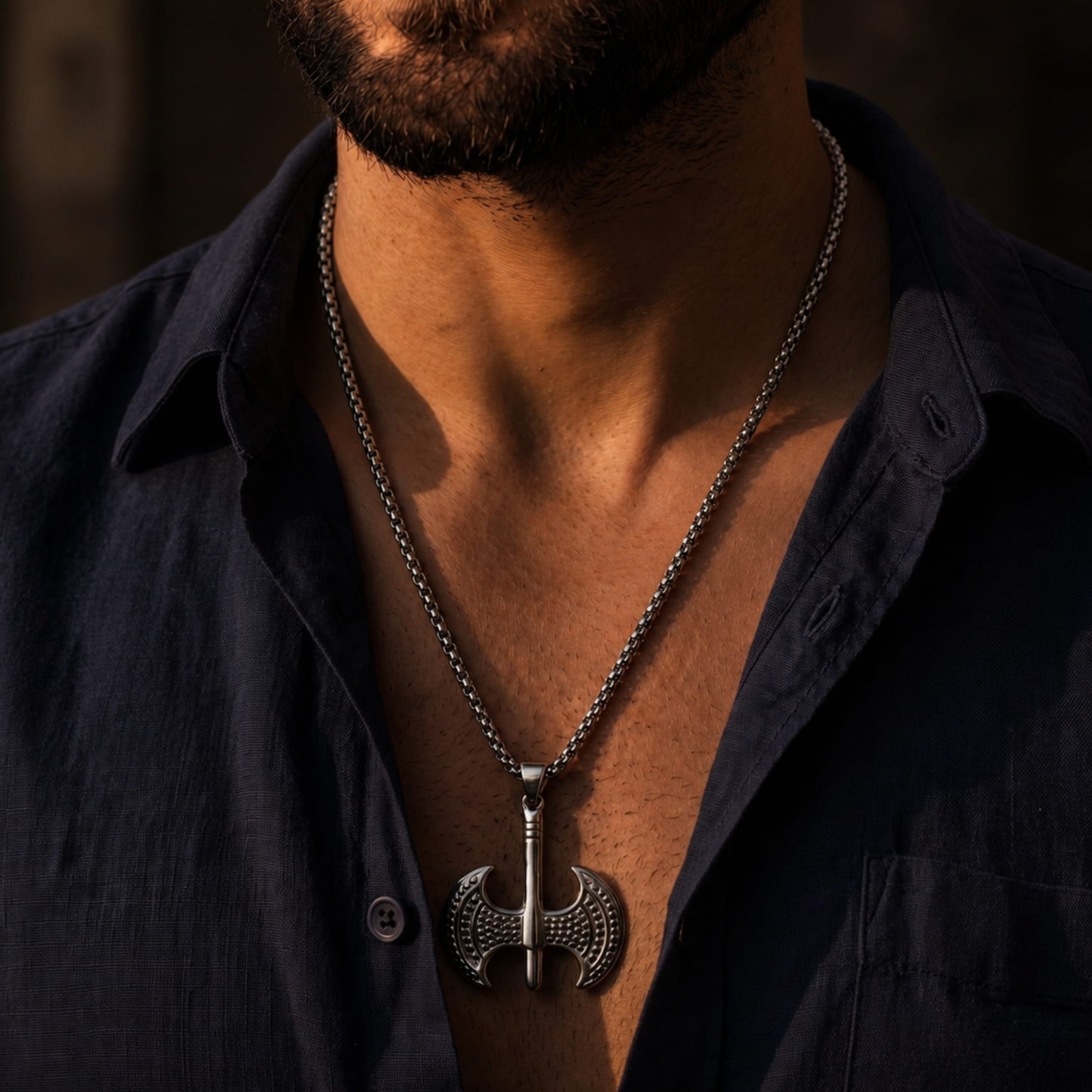 THE MEN THING SS Pendant/ Necklace BATTLE DOUBLE AXE - Pure Titanium Steel Axe Pendant with 24inch Round Box Chain for Men & Boys