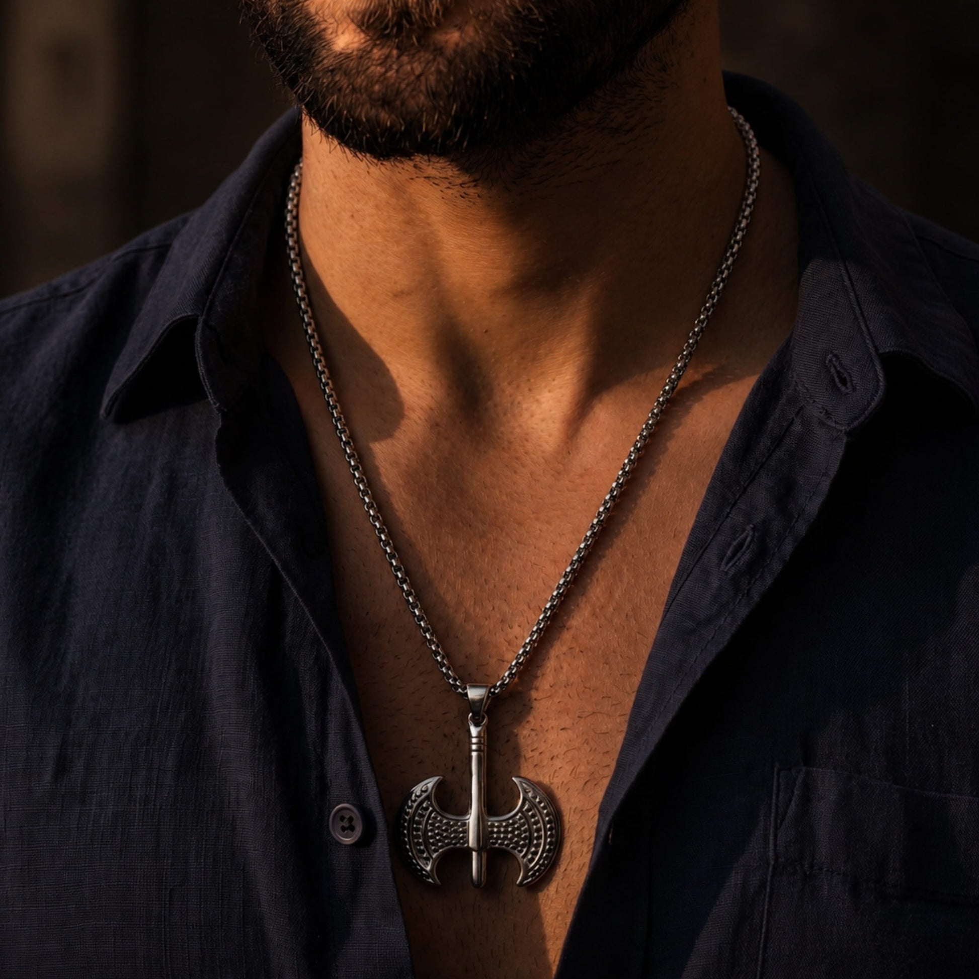 THE MEN THING SS Pendant/ Necklace BATTLE DOUBLE AXE - Pure Titanium Steel Axe Pendant with 24inch Round Box Chain for Men & Boys