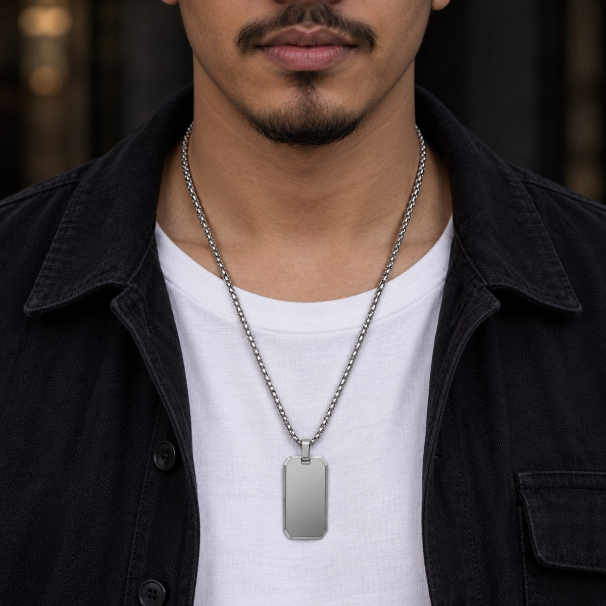 THE MEN THING SS Pendant/ Necklace BEVELED DOG TAG - 20mm Pure Titanium Steel Pendant with 23inch Round Box 4mm Chain for Men & Boys