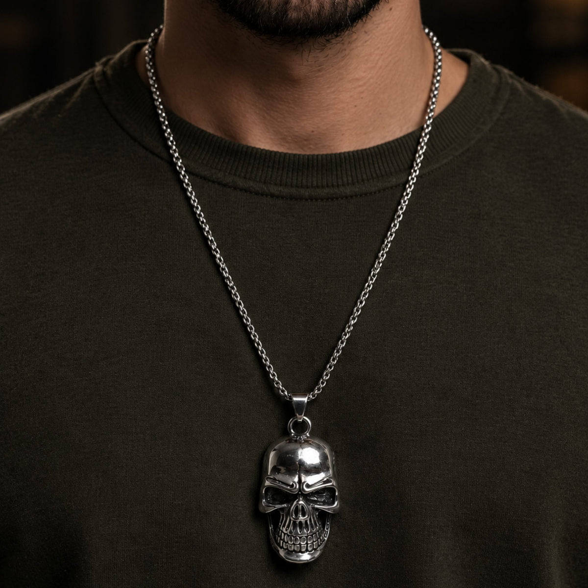 THE MEN THING SS Pendant/ Necklace BIG SKULL -  Alloy Pendant with Pure Stainless Steel 24inch Round Box Chain, American trending Style for Men & Boy