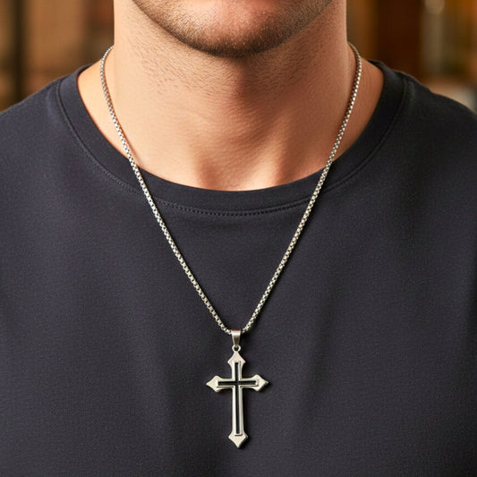 THE MEN THING SS Pendant/ Necklace BLACK INLAY CROSS - 33mm Pure Titanium Steel Pendant with 23inch Round Box 4mm Chain for Men & Boys