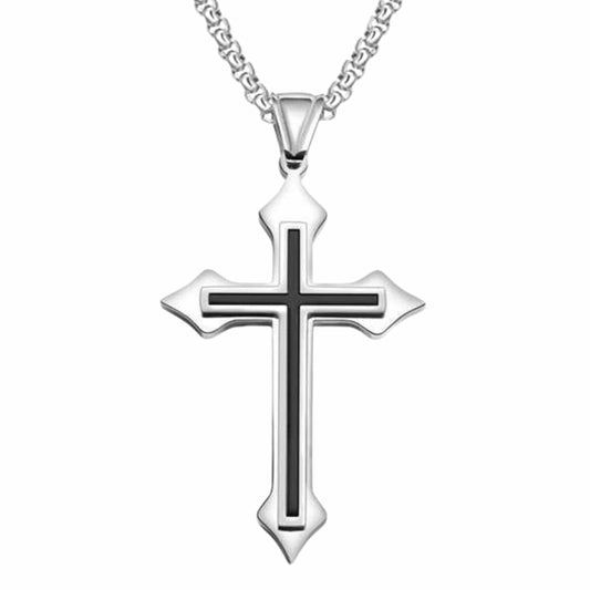 THE MEN THING SS Pendant/ Necklace BLACK INLAY CROSS - 33mm Pure Titanium Steel Pendant with 23inch Round Box 4mm Chain for Men & Boys