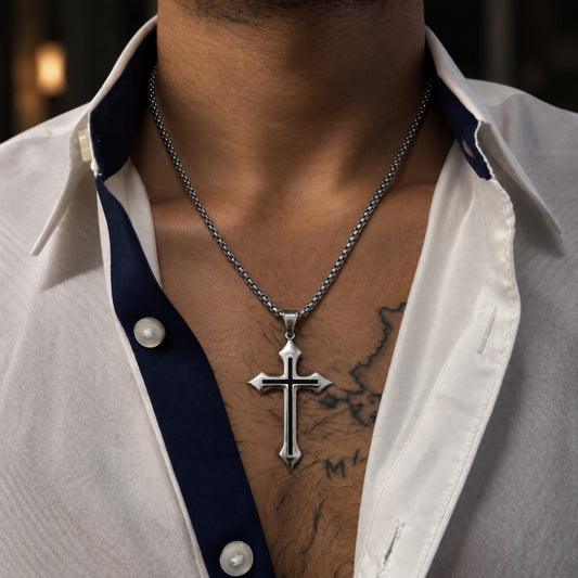 THE MEN THING SS Pendant/ Necklace BLACK INLAY CROSS - 33mm Pure Titanium Steel Pendant with 23inch Round Box 4mm Chain for Men & Boys