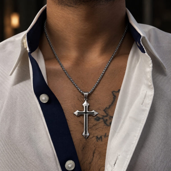 BLACK INLAY CROSS - 33mm Pure Titanium Steel Pendant with 23inch Round Box 4mm Chain for Men & Boys