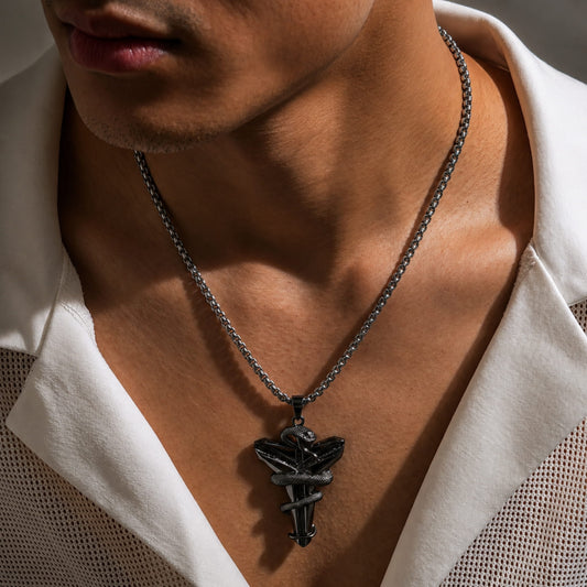 THE MEN THING SS Pendant/ Necklace BLACK MAMBA - Pure Titanium Steel Black Mamba Pendant with 24inch Round Box Black Chain for Men & Boys