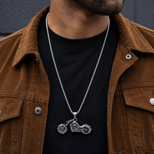 THE MEN THING SS Pendant/ Necklace BLAZE-RIDER - Alloy  Motorcycle Pendant with Pure Stainless Steel 24inch Round Box Chain, European trending Style for Men & Boy