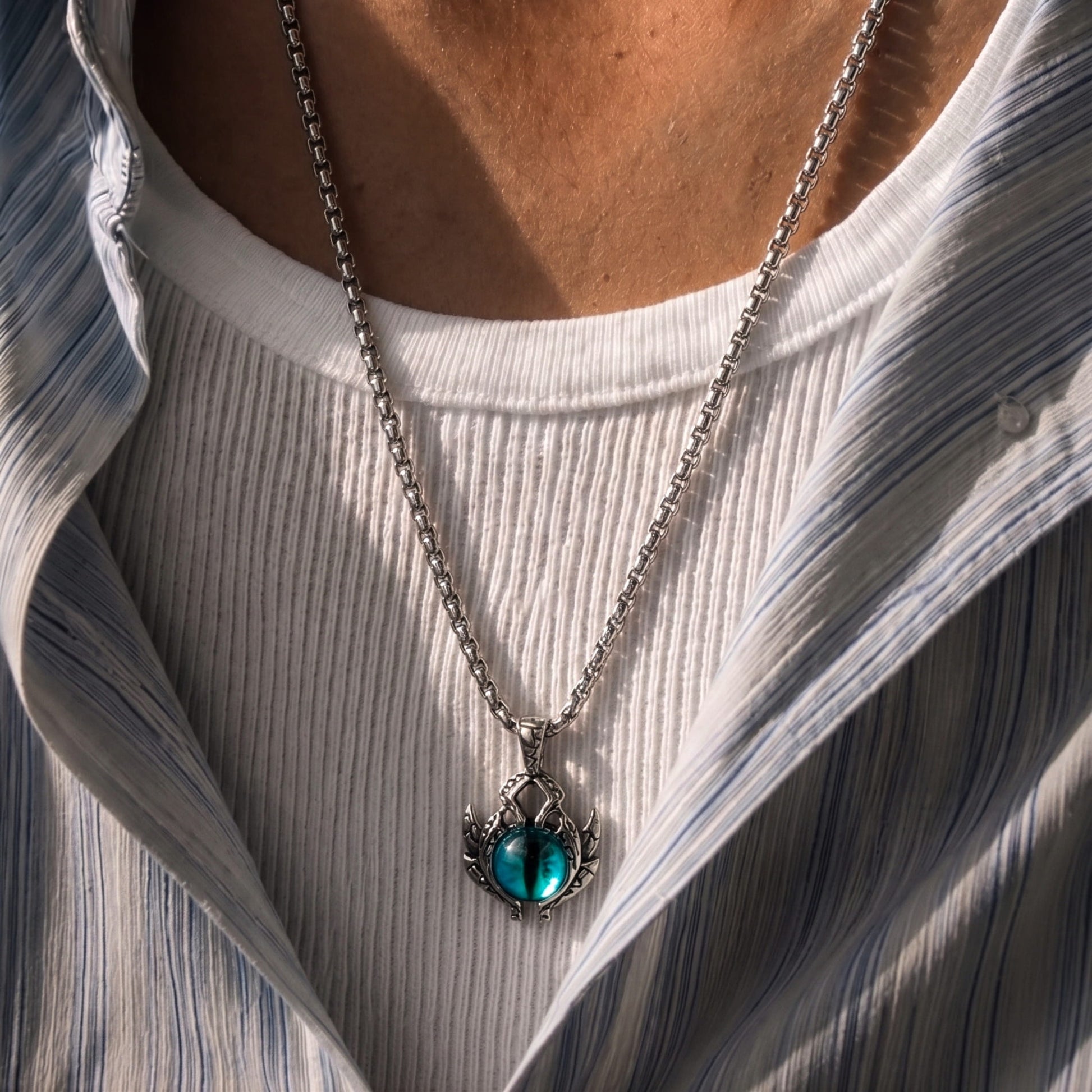 THE MEN THING SS Pendant/ Necklace BLUE EYE PROTECT (A) -  Alloy Pendant with Pure Stainless Steel Round Box Chain, European trending Style for Men & Boy (24 inch)