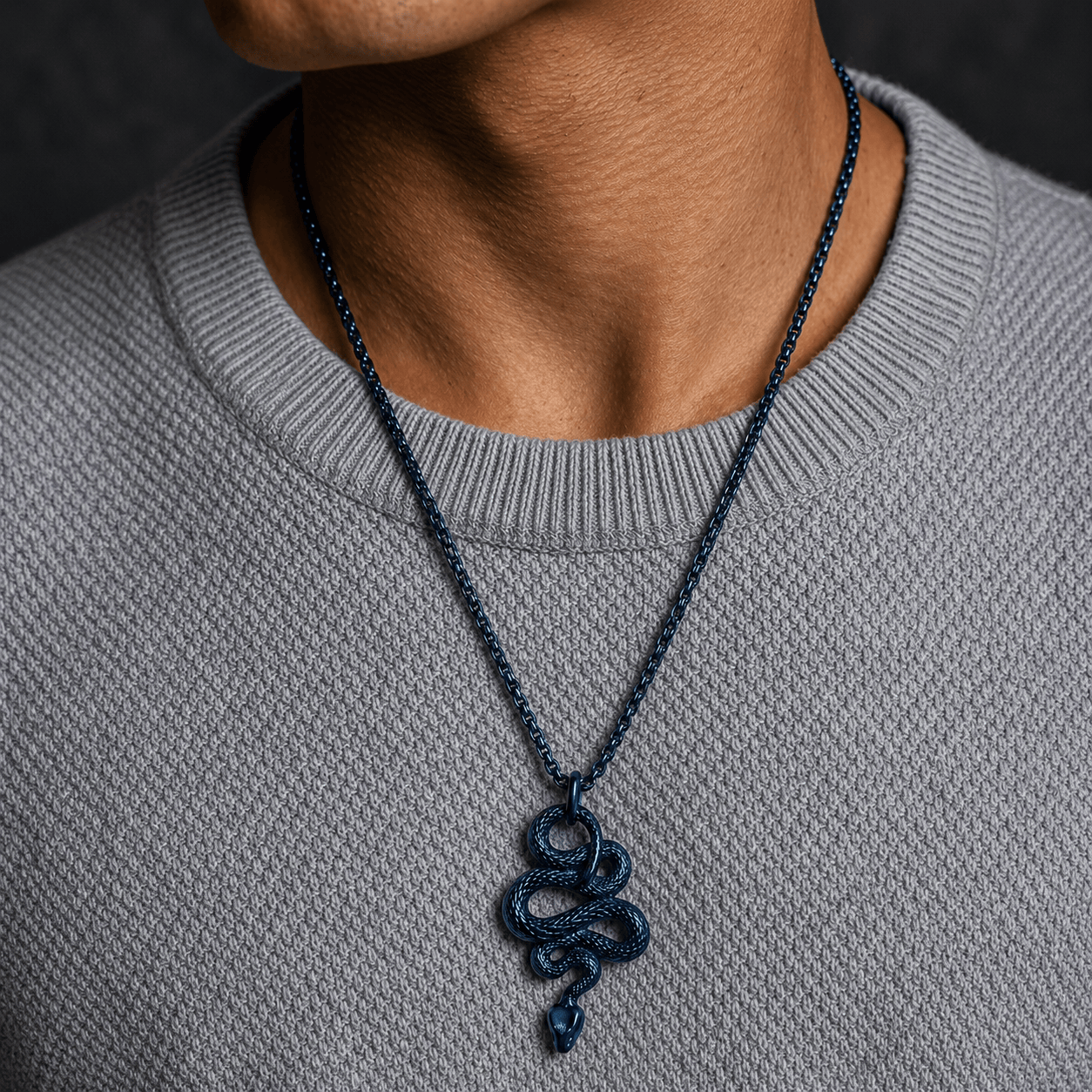 THE MEN THING SS Pendant/ Necklace BLUE GUARDIAN SNAKE - Pure Titanium Steel Pendant with 24inch Round Box Chain for Men & Boys
