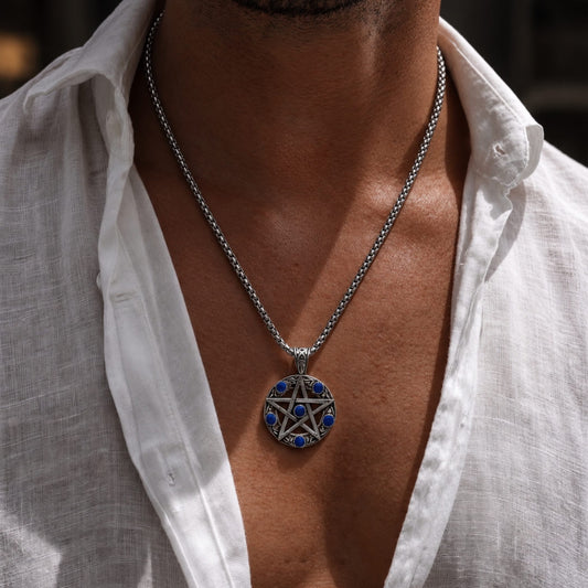 THE MEN THING SS Pendant/ Necklace BLUE PENTAGRAM STAR - 31mm Pure Titanium Steel Pendant with 23inch Round Box 4mm Chain for Men & Boys