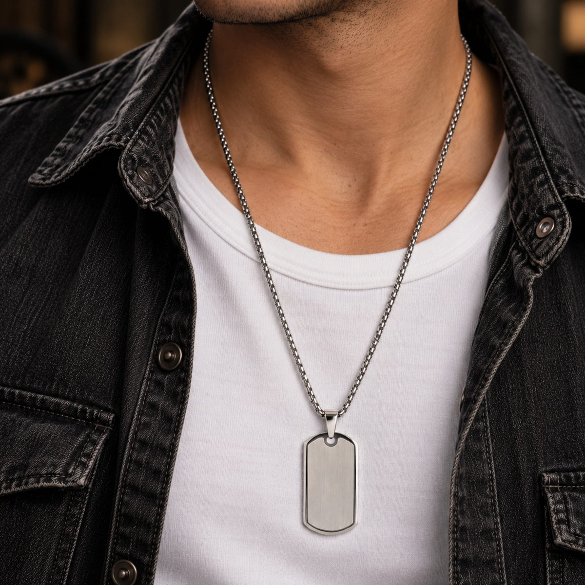 THE MEN THING SS Pendant/ Necklace BOLD TAG - Pure Steel 24mm Pendant with 24inch Round Box 3mm Chain for Men & Boys