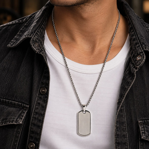 BOLD TAG - Pure Steel 24mm Pendant with 24inch Round Box 3mm Chain for Men & Boys