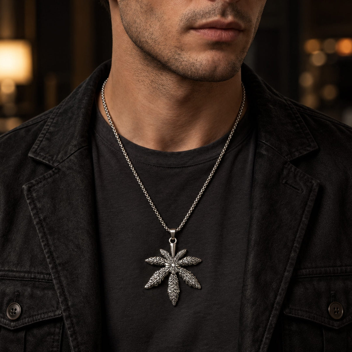 THE MEN THING SS Pendant/ Necklace BOTANICAL LEAF - 60mm Pure Titanium Steel Pendant with 27inch Round Box 3mm Chain for Men & Boys