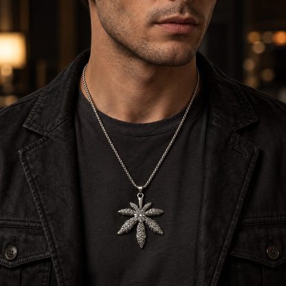 THE MEN THING SS Pendant/ Necklace BOTANICAL LEAF - 60mm Pure Titanium Steel Pendant with 27inch Round Box 3mm Chain for Men & Boys