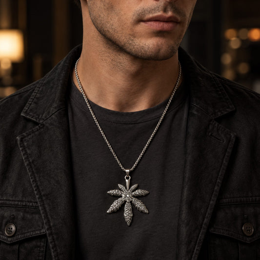 THE MEN THING SS Pendant/ Necklace BOTANICAL LEAF - 60mm Pure Titanium Steel Pendant with 27inch Round Box 3mm Chain for Men & Boys