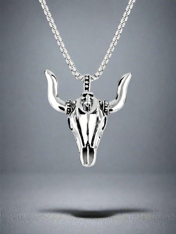 बुल हेड - पुरुषों के लिए शुद्ध टाइटेनियम स्टील 24 इंच गोल बॉक्स चेन के साथ पेंडेंट - अमेरिकी ट्रेंडिंग स्टाइल