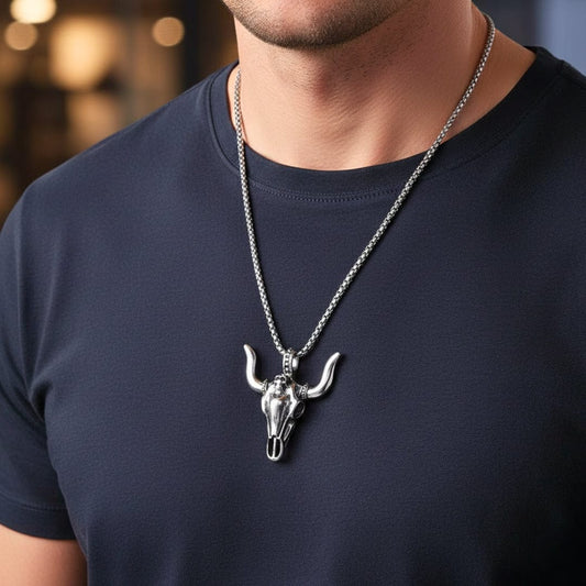 THE MEN THING SS Pendant/ Necklace BULL HEAD - Pendant with Pure Titanium Steel 24inch Round Box Chain for Men - American trending Style