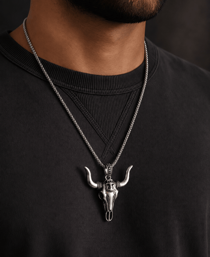 THE MEN THING SS Pendant/ Necklace BULL HEAD - Pendant with Pure Titanium Steel 24inch Round Box Chain for Men - American trending Style