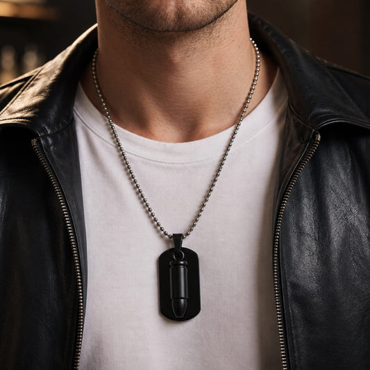 THE MEN THING SS Pendant/ Necklace BULLET DOG TAG (Black)- Titanium Steel Pendant with 24inch Round Box Chain, American trending Style for Men & Boys