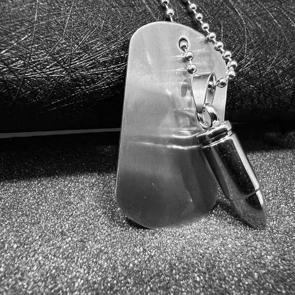BULLET DOG TAG -  Titanium Steel Pendant with 24inch Round Box Chain, American trending Style for Men & Boys