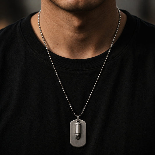THE MEN THING SS Pendant/ Necklace BULLET DOG TAG -  Titanium Steel Pendant with 24inch Round Box Chain, American trending Style for Men & Boys
