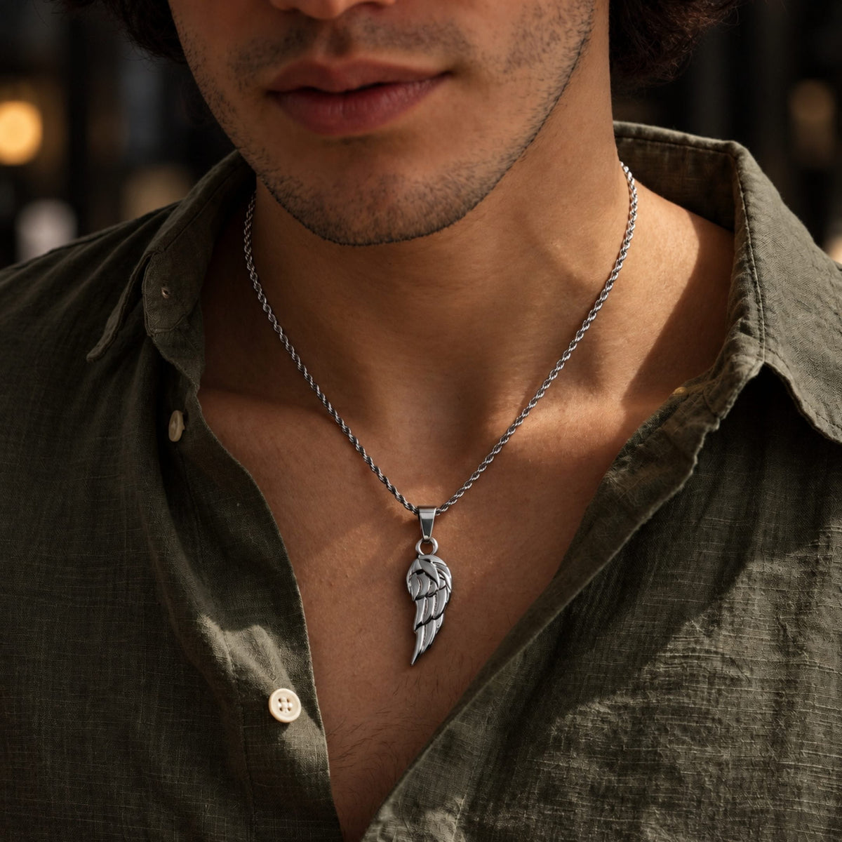 THE MEN THING SS Pendant/ Necklace CELESTIAL GUARDIAN - STEEL - 0.7mm Pure Titanium Steel Pendant with 21inch Rope 2mm Chain for Men & Boys