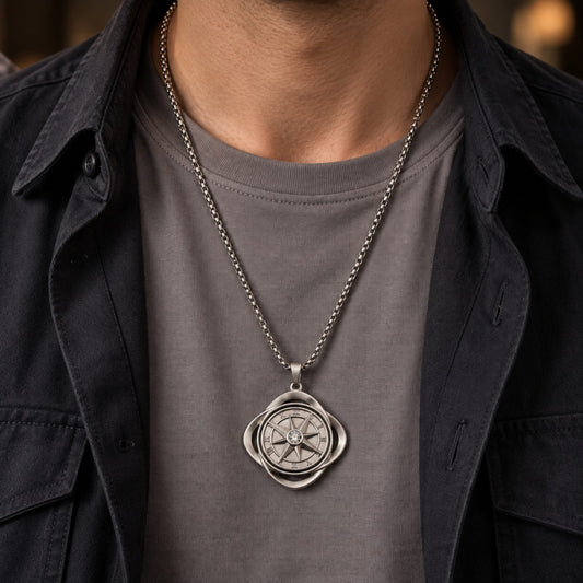 THE MEN THING SS Pendant/ Necklace CELESTIAL NAVIGATOR - 35mm Pure Titanium Steel Pendant with 27inch Round Box 4mm Chain for Men & Boys