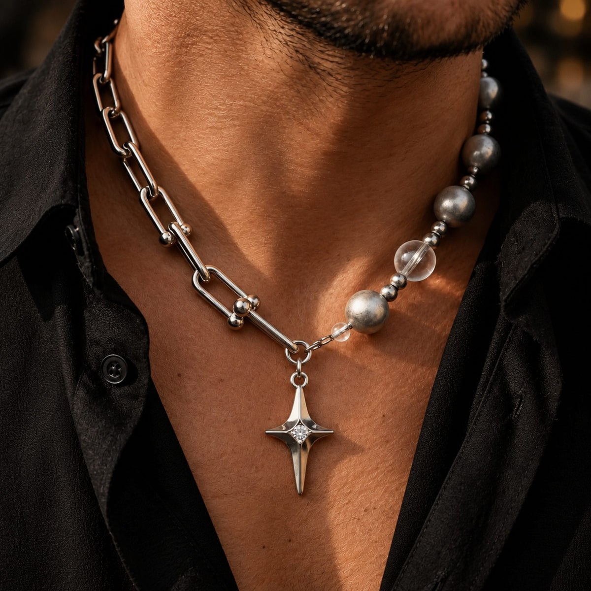 THE MEN THING SS Pendant/ Necklace CELESTIAL STAR - 13mm Titanium Steel Pendant with 18 to 20 inch Adjustable 8mm Chain for Men & Boys