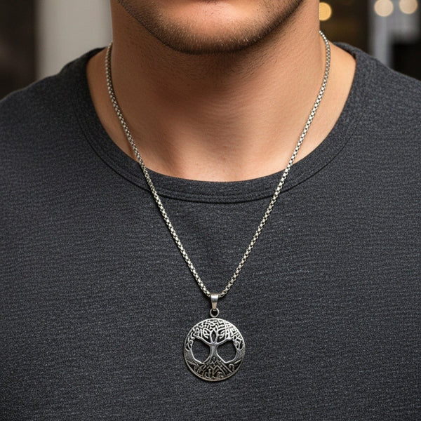 CELTIC TREE - 28mm Titanium Steel Pendant with 24inch Round Box 5mm Chain for Men & Boys