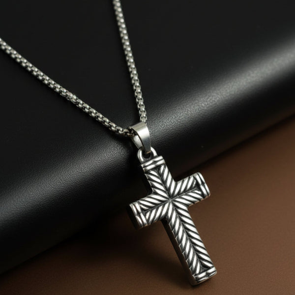 CHEVRON CROSS - 26mm Titanium Steel Pendant with 24inch Round Box 4mm Chain for Men & Boys