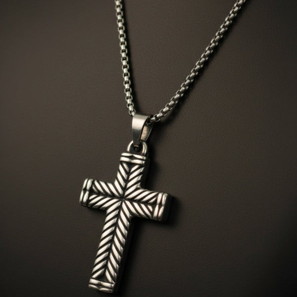 CHEVRON CROSS - 26mm Titanium Steel Pendant with 24inch Round Box 4mm Chain for Men & Boys