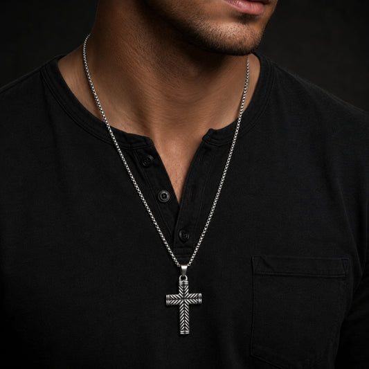 THE MEN THING SS Pendant/ Necklace CHEVRON CROSS - 26mm Titanium Steel Pendant with 24inch Round Box 4mm Chain for Men & Boys